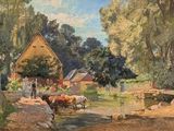 un tableau représentant une scène de vie à la ferme avec des vaches et des personnages