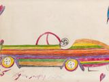 dessin représentant une voiture colorée sur laquelle est perché un oiseau