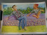 a picture of a painting of two people sitting on a bench
