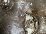 a close up of a statue of a person with a broken eye