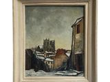 an oil painting of a snowy street scene with a church in the background