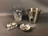 silver plated ice bucket, salt and pepper shaker and salt shaker