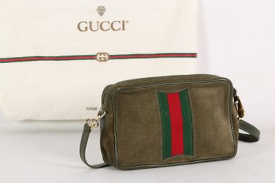 Petit sac messager Gucci vert olive à rayures rouges et vertes