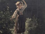a painting of a woman standing on a rock in the woods
