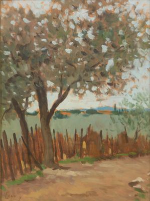 an oil painting of a dirt road with a tree in the background