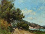 a painting of a horse drawn carriage on a dirt road