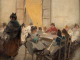 painting of a group of people sitting around a table in a room