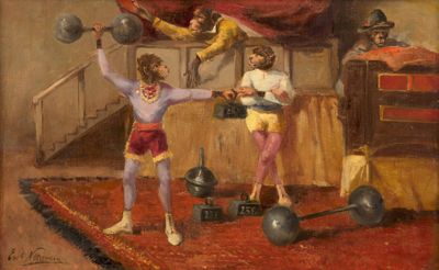 tableau représentant deux artistes de cirque se produisant sur une scène recouverte d'un tapis rouge