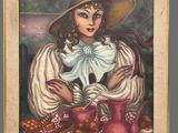 an oil painting of a woman in a hat and dress holding a pot