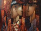 tableau représentant deux femmes portant des chapeaux et des foulards devant un miroir