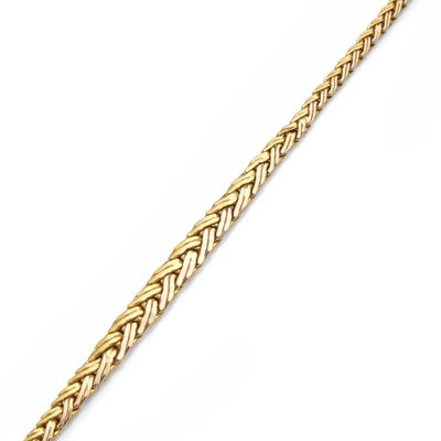 a yellow gold bracelet with a braid design on a white background