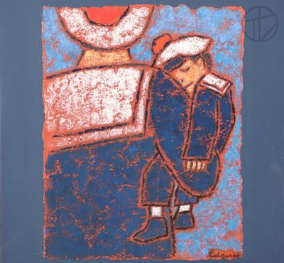 blue and orange drawing of a man in a sailor ' s outfit