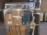 a cart with a bunch of boxes on it in a warehouse