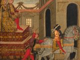 an image of a painting of a man on a horse pulling a cart