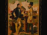 painting of two men standing next to each other in front of a building