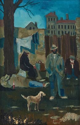 painting of a group of people and a dog in a yard