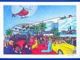 an image of a painting of a red helicopter flying over a crowd of people