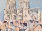 painting of a view of a city with a cathedral in the background