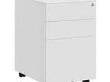 a close up of a white filing cabinet on wheels