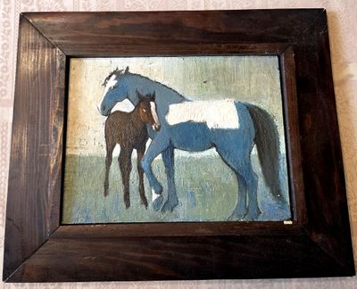 a picture of a painting of a horse and a horse foal