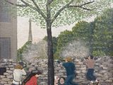 tableau représentant un groupe de personnes marchant dans une rue, près d'un mur de pierre