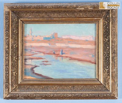 une peinture à l'huile représentant une scène de plage avec un bateau dans l'eau