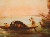 a painting of a man on a boat in the water