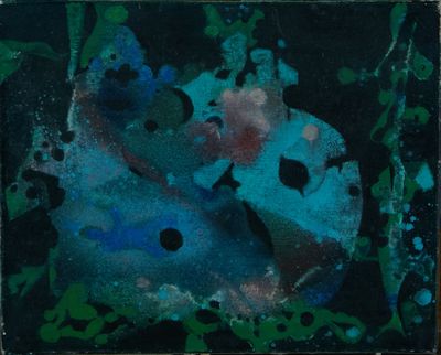abstract painting of a blue and green butterfly with black spots