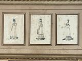 three framed drawings of women in dresses and hats on a wall