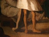 a painting of a woman in a white dress holding a dog