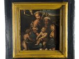 un vieux tableau représentant une femme tenant un enfant dans ses bras et un homme tenant un bébé