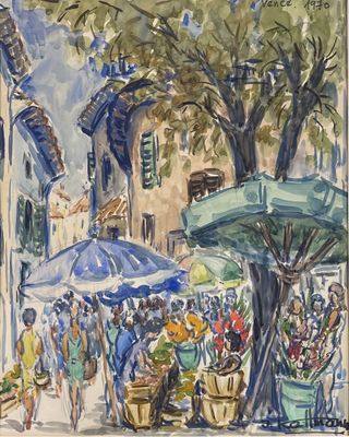 une image représentant un tableau où l'on voit des gens marcher dans une rue avec des parapluies