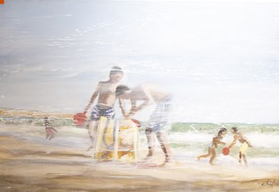 tableau représentant un groupe de personnes sur une plage avec une planche de surf