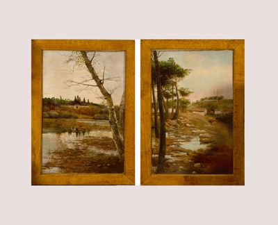 two paintings of a river with trees and a house in the distance