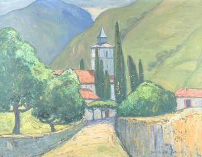 a painting of a church in the middle of a mountain