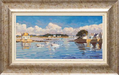 a painting of a harbor scene with boats in the water