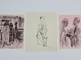 three drawings of a woman sitting on a chair and a man standing next to her