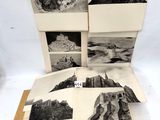 four black and white photographs of a castle on top of a mountain