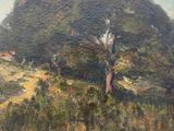 an oil painting of a tree in a field with a hill in the background