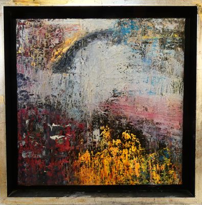 abstract painting of a horse in a field of yellow and red flowers