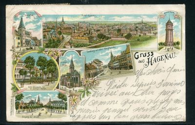 une vieille carte postale représentant une vue d'une ville avec des bâtiments et une tour horloge