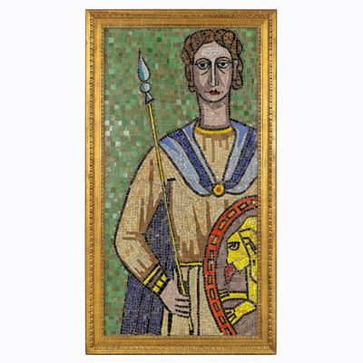 portrait en mosaïque d'un homme tenant un bouclier, le tout dans un cadre doré