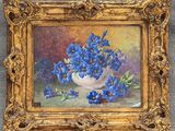 an oil painting of blue flowers in a white bowl on a table