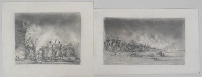 two black and white drawings of a fire in a field