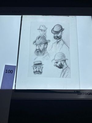 a drawing of a group of men with hats on display