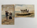 deux tableaux représentant des personnes sur une plage avec une calèche