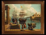 an oil painting of a harbor scene with ships and people on the dock