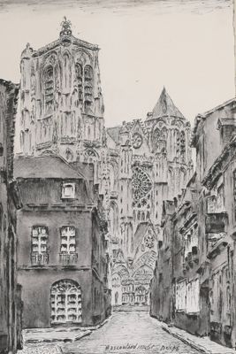 dessin représentant une rue avec des bâtiments et une tour horloge en arrière-plan