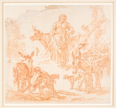 a drawing of a group of animals and a man in a landscape