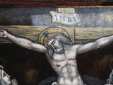 a painting of jesus on the cross with other people
